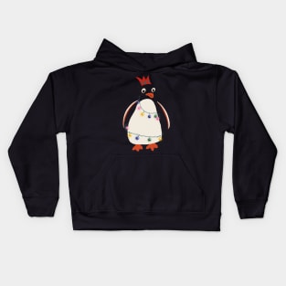 Funny Cartoon Christmas Penguin wrapped in Fairy Lights and Wearing Paper Xmas Hat Kids Hoodie